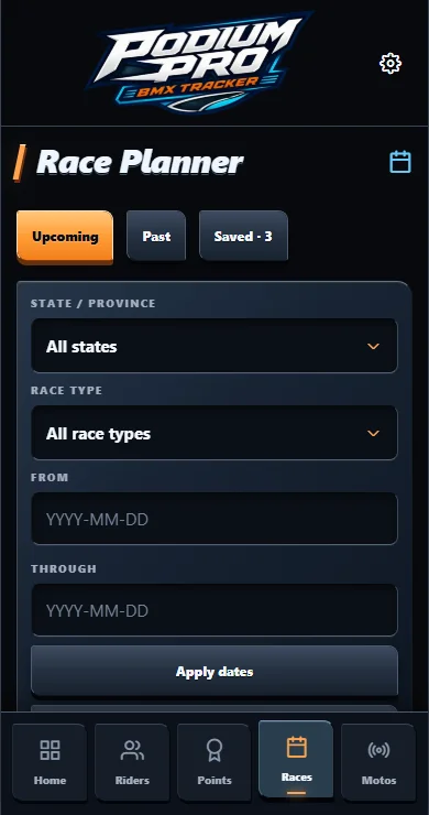 BMX Tracker races screen. Sample riders and races.