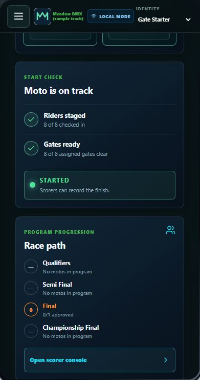 Real Motoboard Gate starter screen on the sample event
