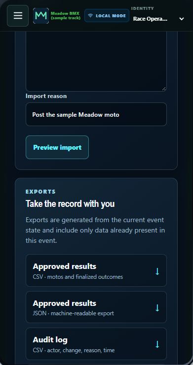 Real Motoboard Race operator screen on the sample event